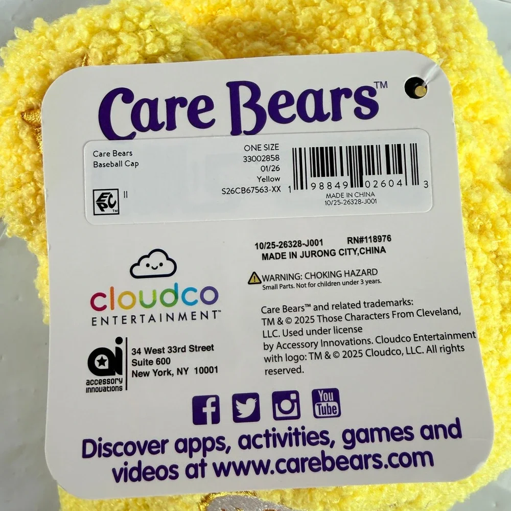 Care Bears Funshine Bear Sherpa Plush Hat Baseball Cap Ears Snapback NWT